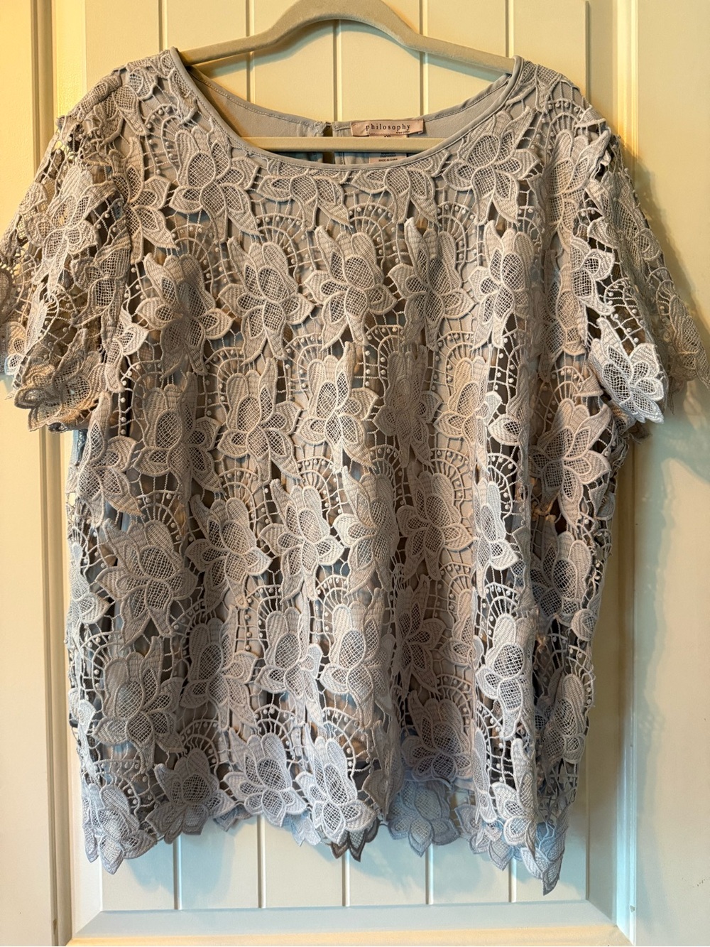 Philosophy Floral Lace Overlay Short Sleeve Top in Vapor Gray.